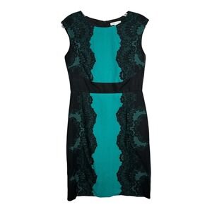 New York & Company Dress Size 4 Black‎ Green Lace Sheath Sleeveless Career